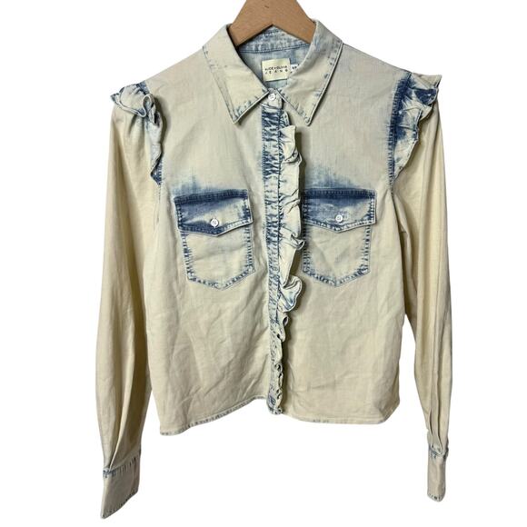 Alice + Olivia Hannah Ruffle Sleeve Button Down Shirt Linen Blend Blue Small - Picture 4 of 9